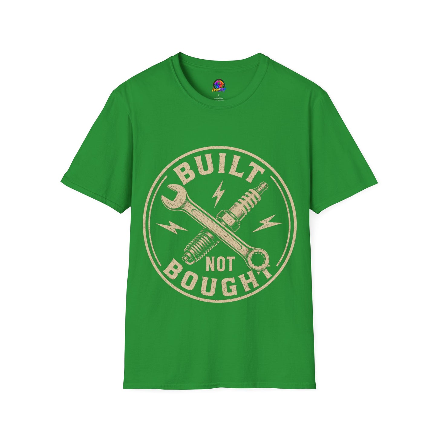 Built Not Bought T-Shirt — Vintage Mechanic Wrench & Spark Plug Design