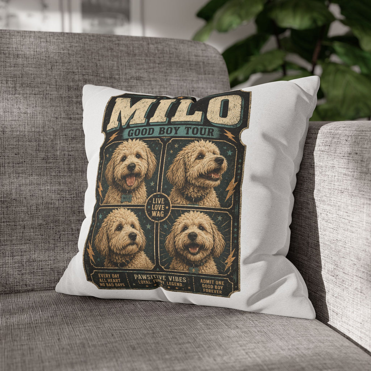 Milo "Good Boy Tour" Square Pillowcase — Cute Dog Portrait Decorative Pillowcase Milo Bailey Dog Dad Mom