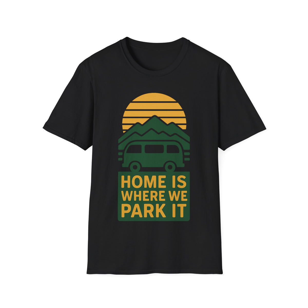 Camping T-Shirt — "Home Is Where We Park It" Retro Mountain Sunset Tee - Trending Now - September 2026