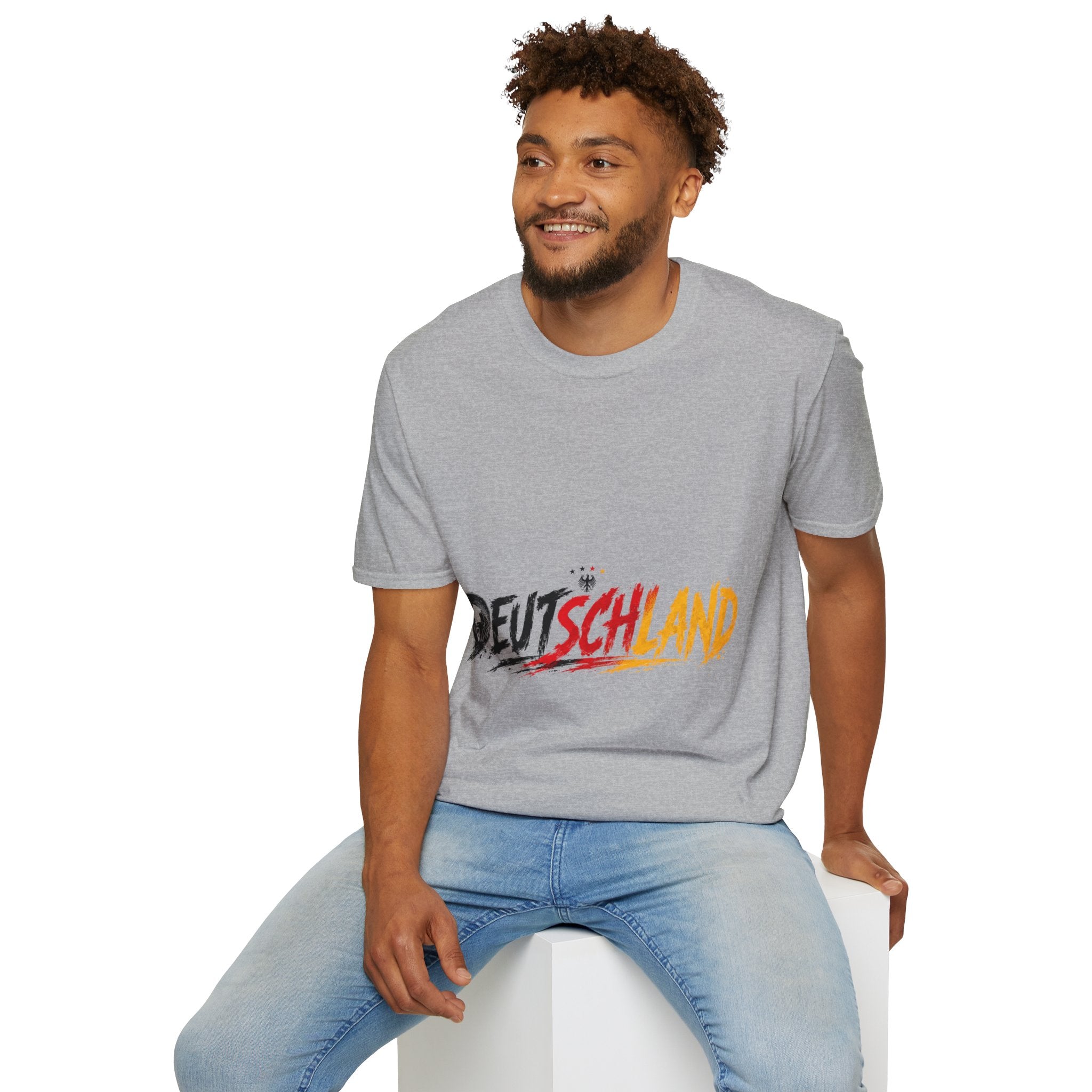 Germany Deutschland Football T-Shirt — Deutschland Script with German Flag Brushstroke