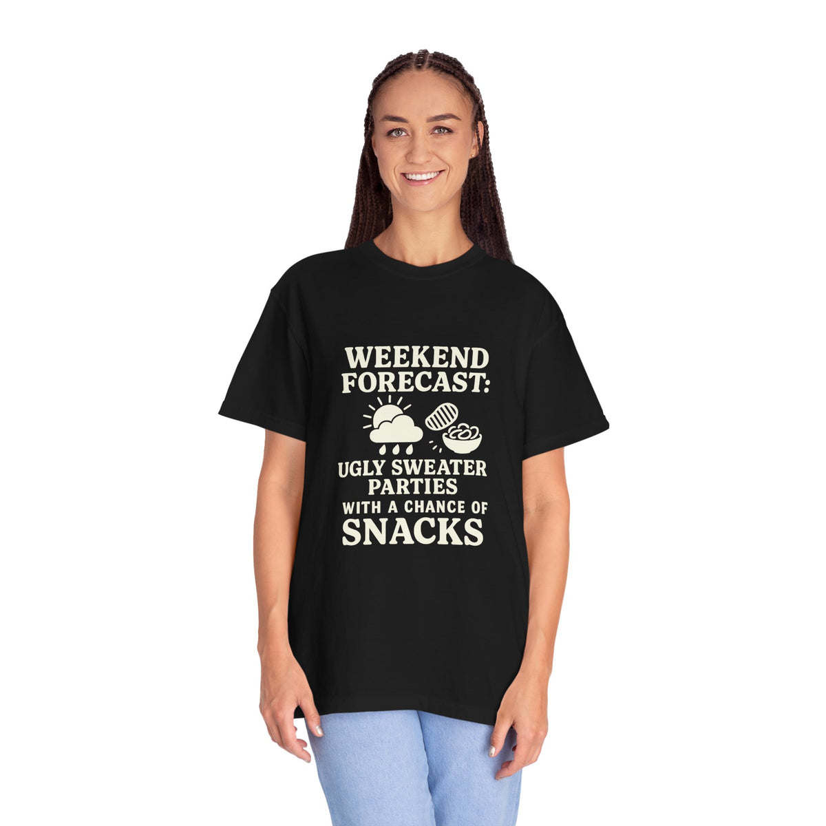 Weekend Forecast T-Shirt — "Ugly Sweater Parties with a Chan of Snacks" Holiday Tee - Trending Now - October 2026