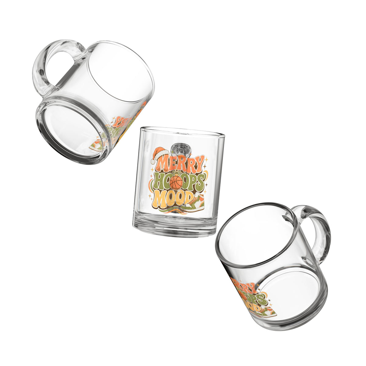Modern Day Christmas Glass Mug  10oz Glass Mug — "Merry Hoops Mood" Holiday Basketball Coffee Cup