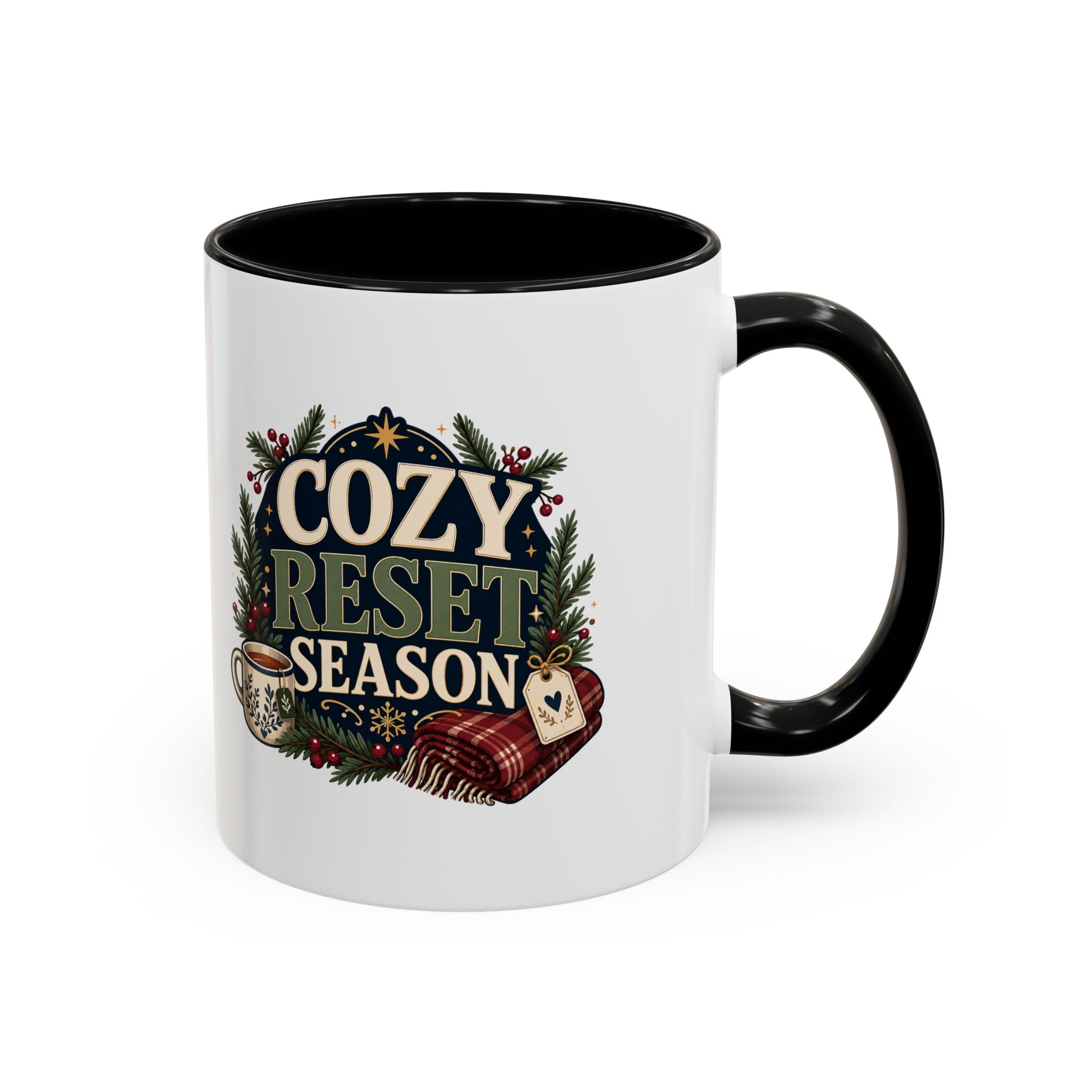 Modern Day Christmas Cozy Reset Season Mug — Holiday Coffee Cup with Blanket & Tea Tag Design