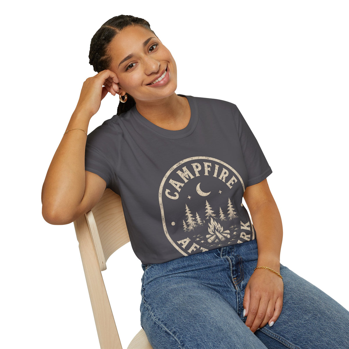 Campfire T-Shirt — 'Campfire After Dark' Vintage Moon & Trees Graphic