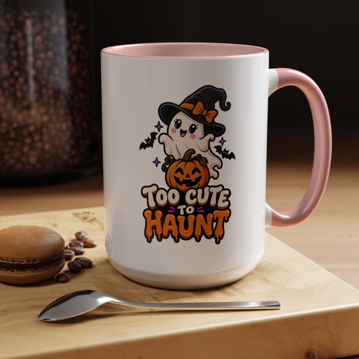 Halloween Coffee Mug - 'Too Cute to Haunt' Ghost Pumpkin Accent Mug