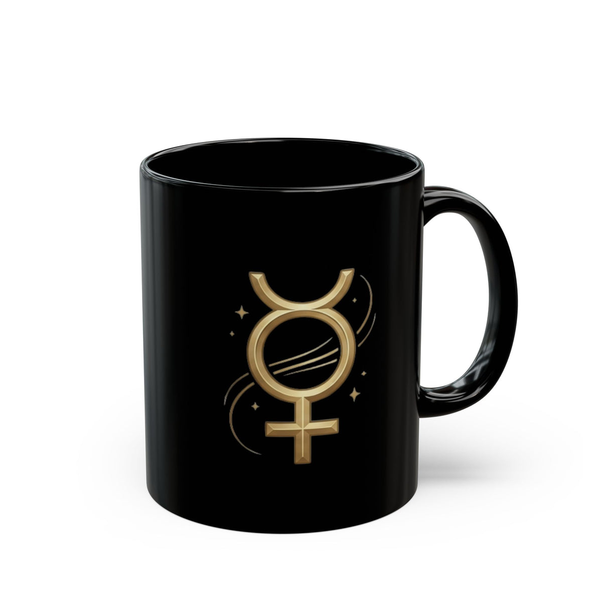 Virgo Zodiac Mug Mercury Retrograde Zodiac Mug — Gold Mercury Symbol on Black Ceramic