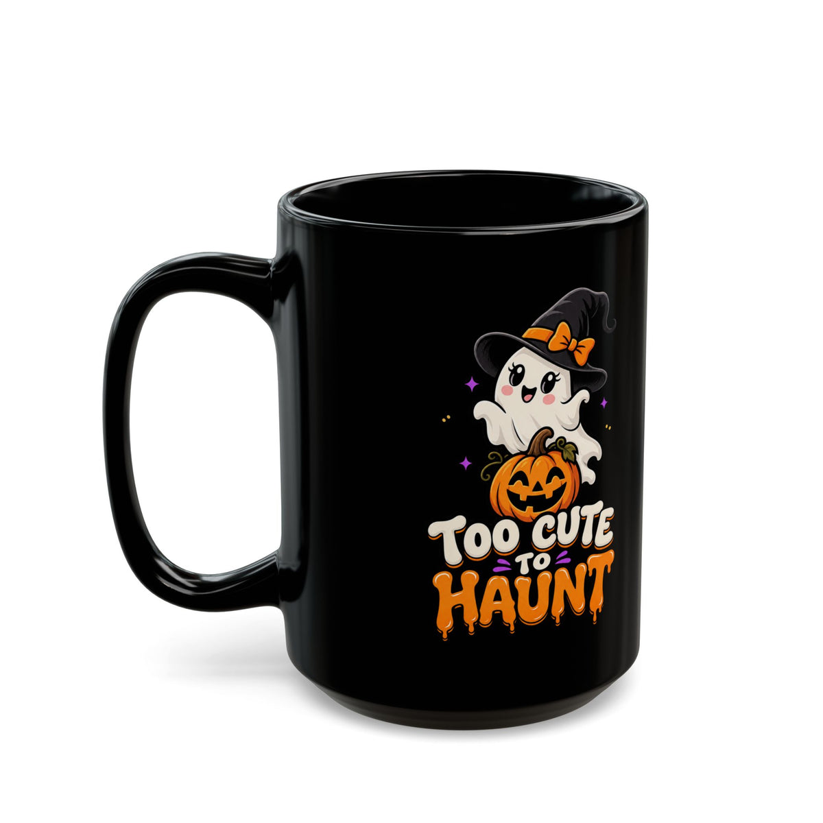 Too Cute to Haunt Halloween Mug — Black Ghost & Pumpkin Coffee Cup (11oz/15oz)