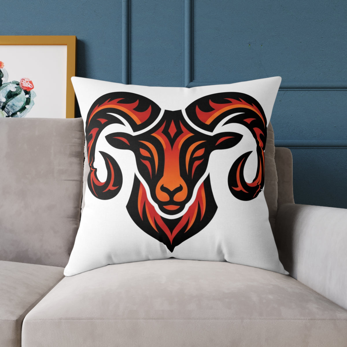 Aries Zodiac Ram Head Throw Pillow — Tribal Flame Goat Design Decorative Cushion