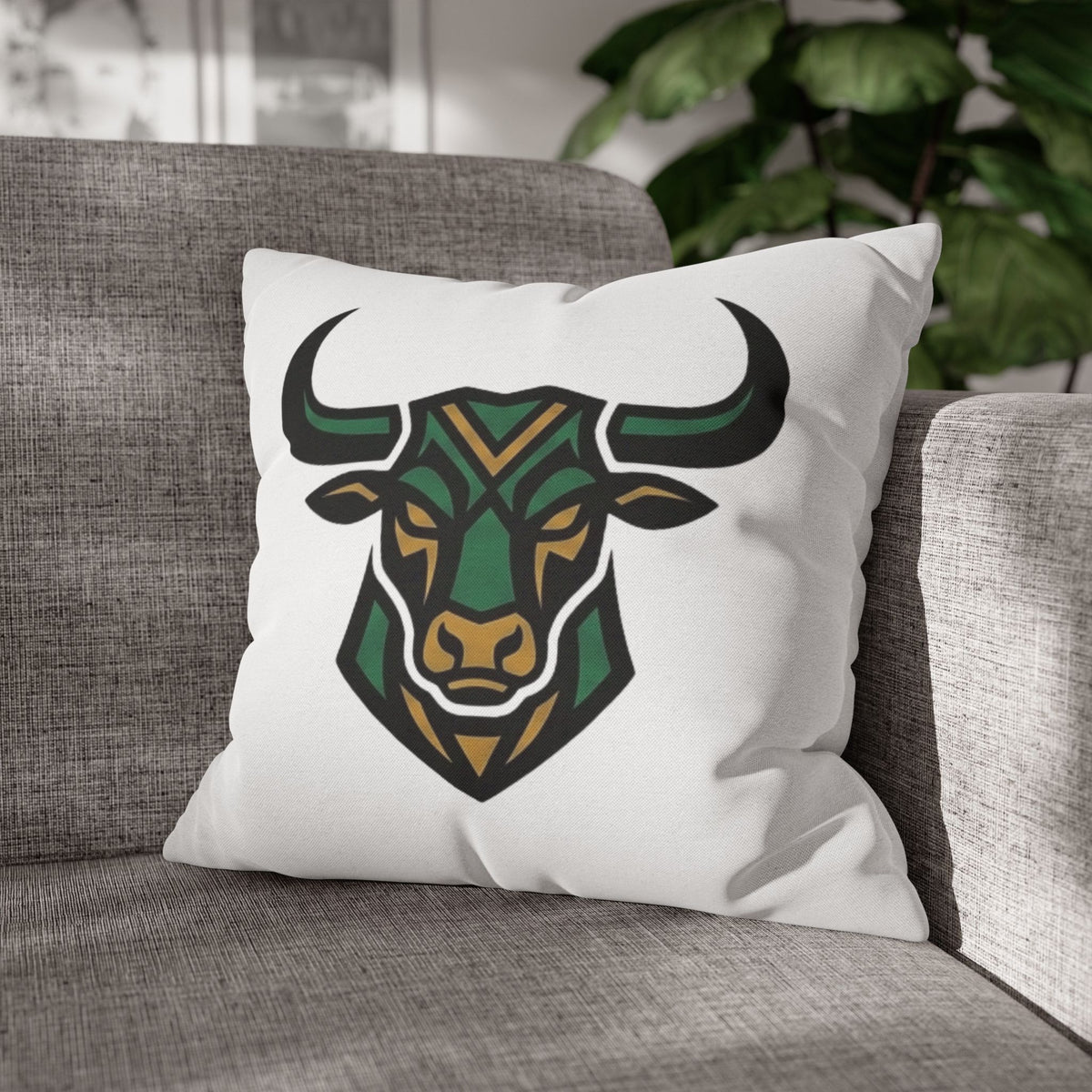 Taurus Geometric Bull Throw Pillowcase — Green Tribal Bull Accent Pillow