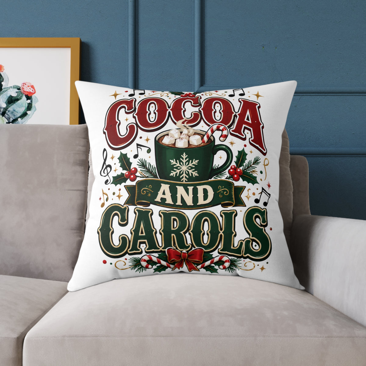 Christmas Cocoa and Carols Square Pillow — Holiday Hot Cocoa Christmas Decor