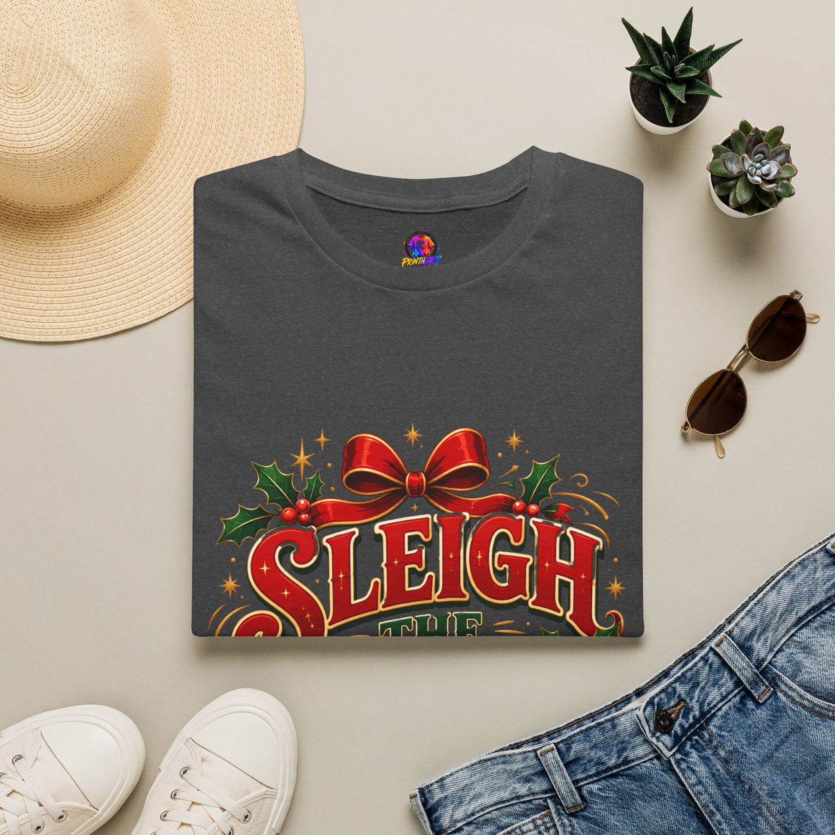 Christmas T-Shirt — "Sleigh the Day" Holiday Graphic Tee