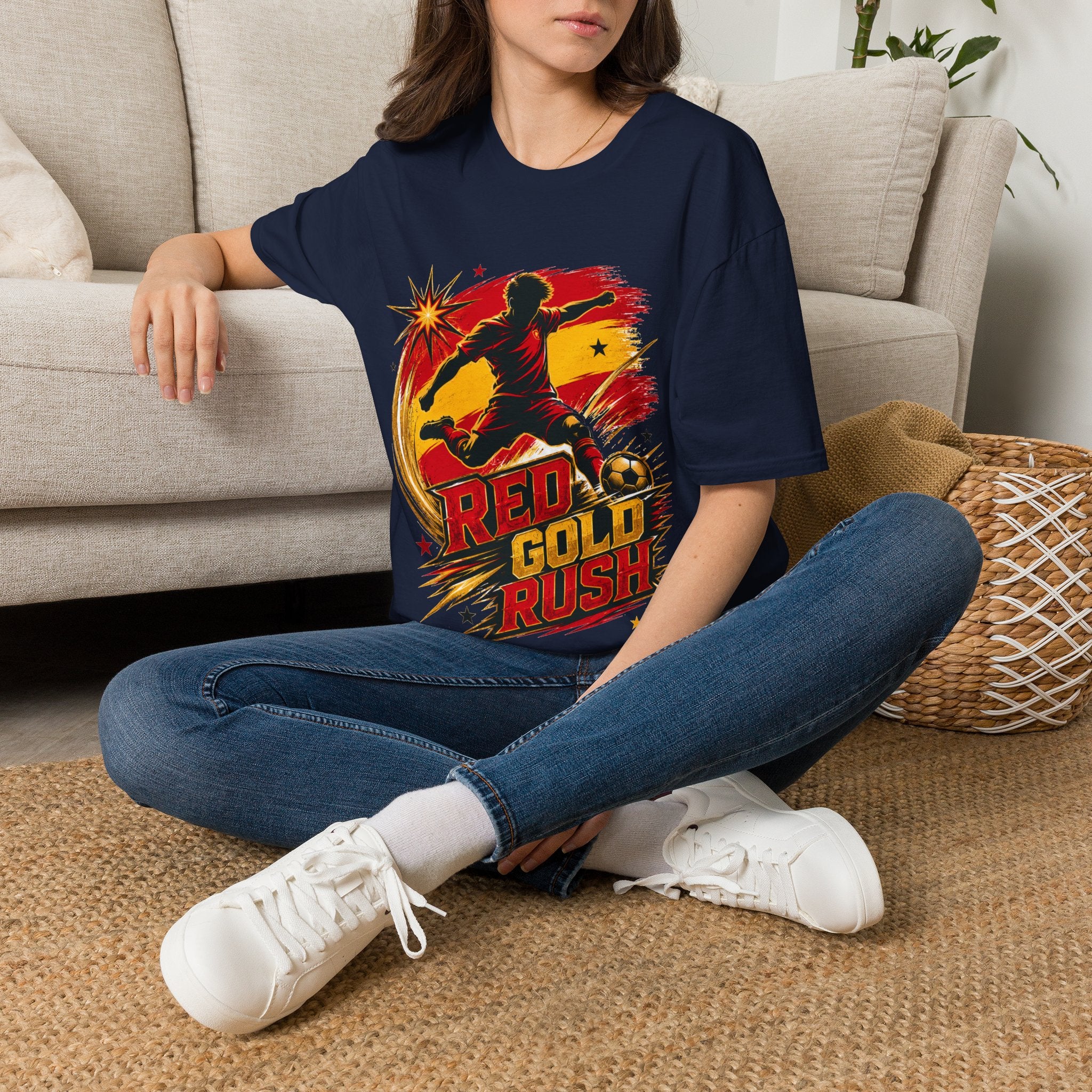Spain Red & Gold Rush Soccer T-Shirt — Retro Soccer Player Graphic