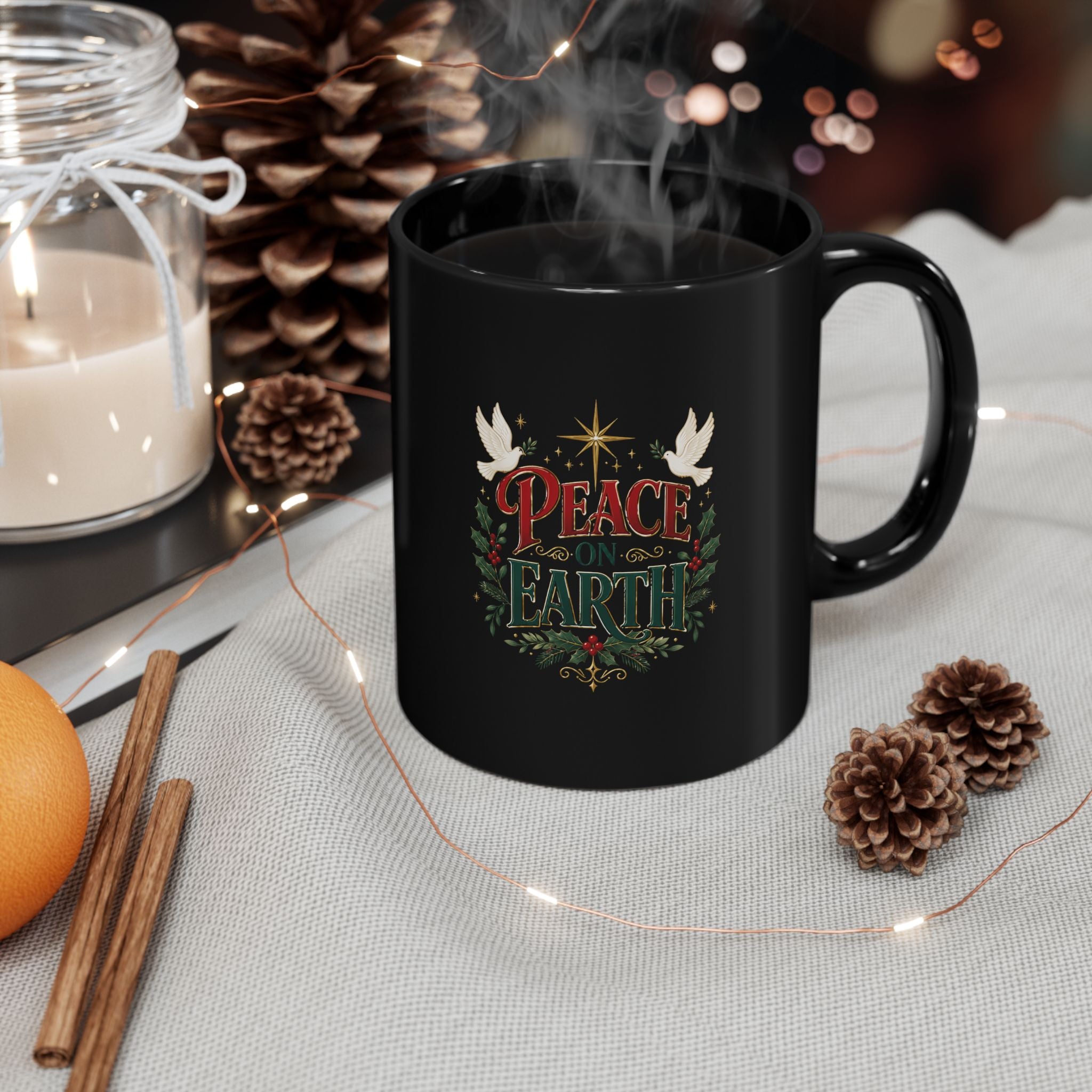Peace on Earth Black Mug — Holiday Christmas Wreath Coffee Cup