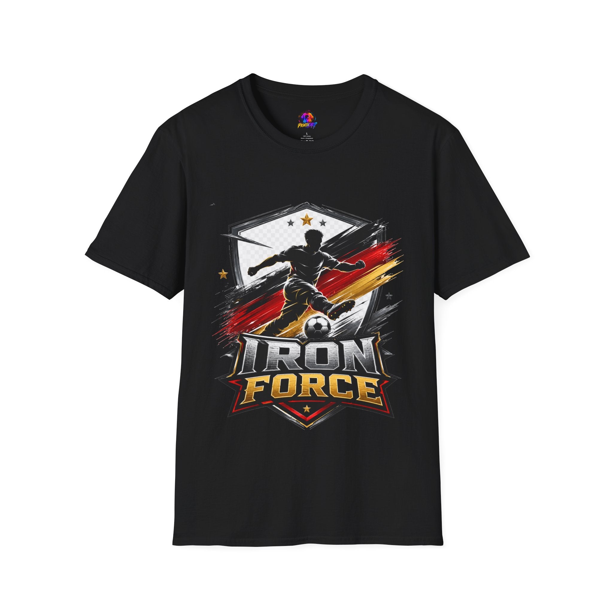 Germany Soccer 'Iron Force' Graphic T-Shirt — Player Silhouette with Red & Gold Brushstroke Emblem
