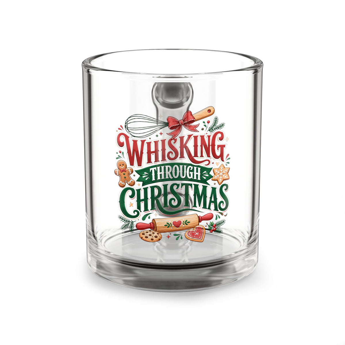Christmas Glass Mug 10 oz Glass Mug — "Whisking Through Christmas" Holiday Baking Coffee Cup