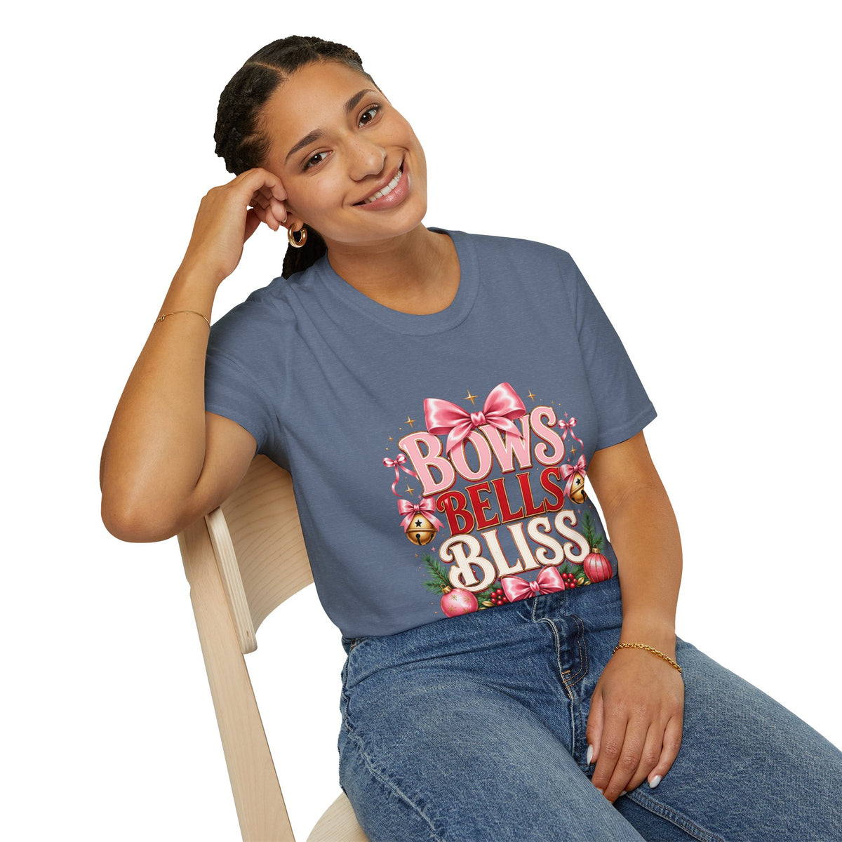 T-Shirt — "Bows Bells Bliss" Pink Holiday Graphic Tee