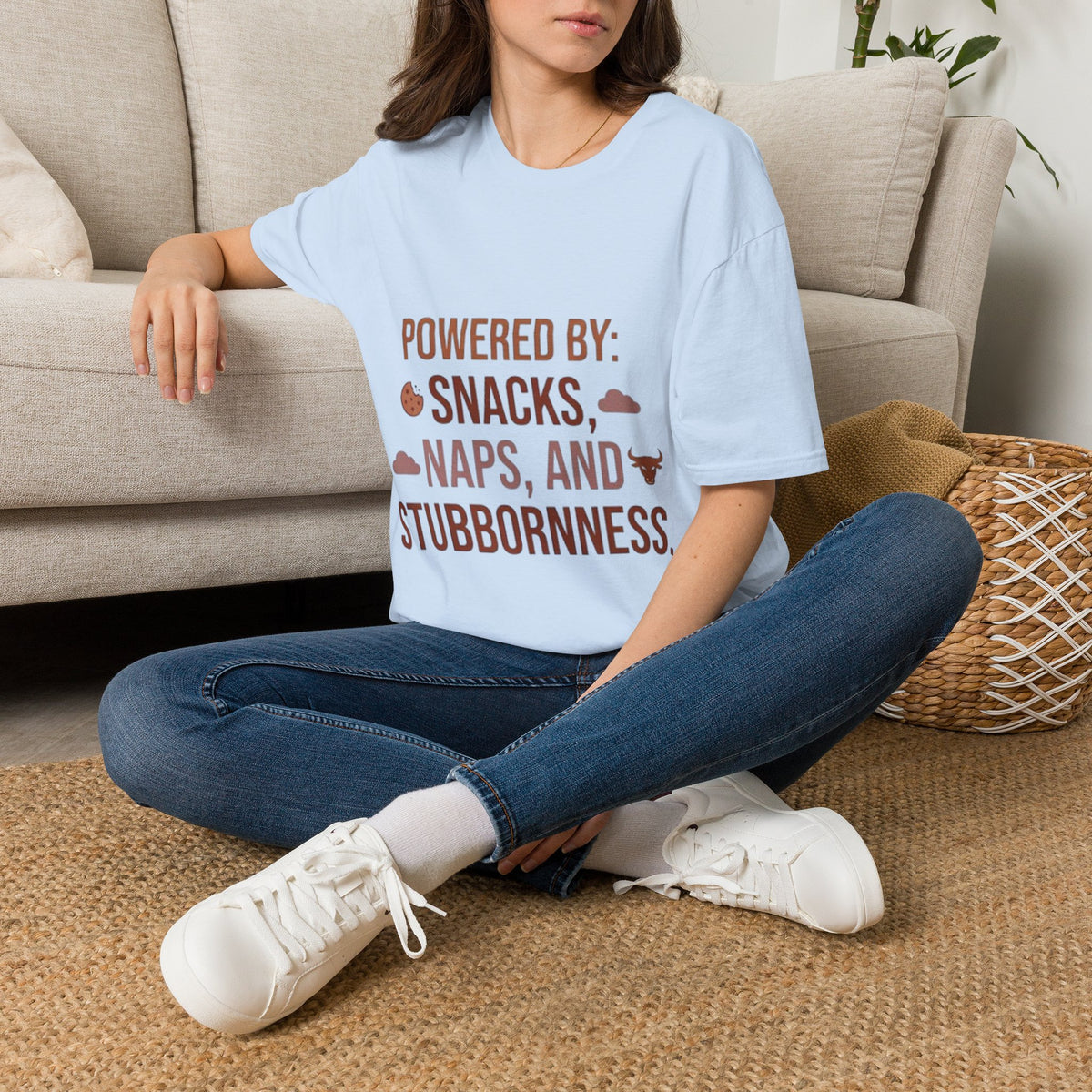 Powered By: Snacks, Naps & Stubbornness T-Shirt — Funny Casual Graphic Tee