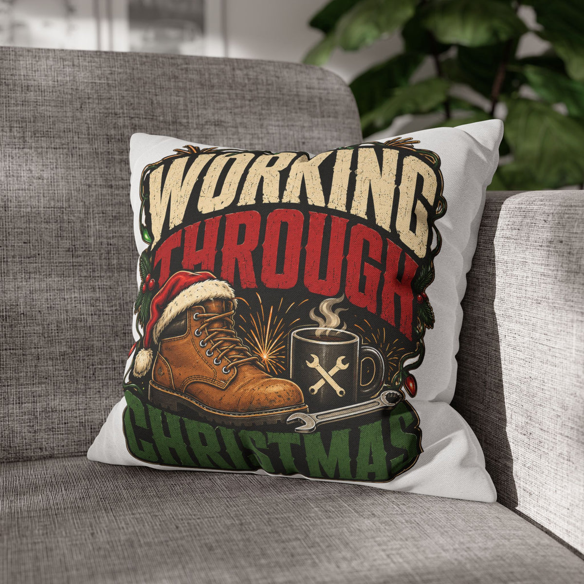 Christmas Work Boots Pillowcase Modern Day Christmas  – "Working Through Christmas" Holiday Throw Pillow Cover