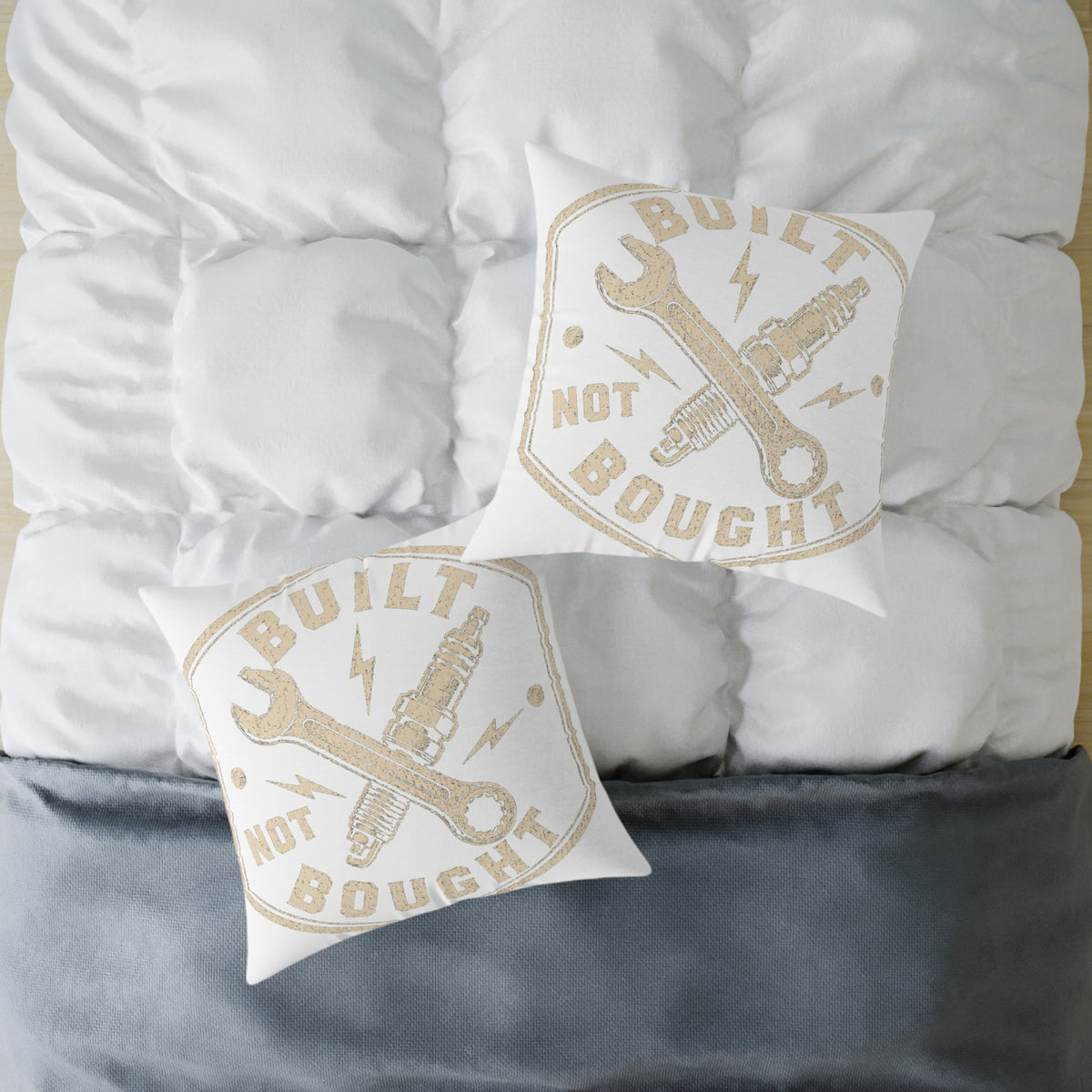 Built Not Bought Square Pillow Milo Bailey Dog Dad Mom— Mechanic Wrench & Spark Plug Decor