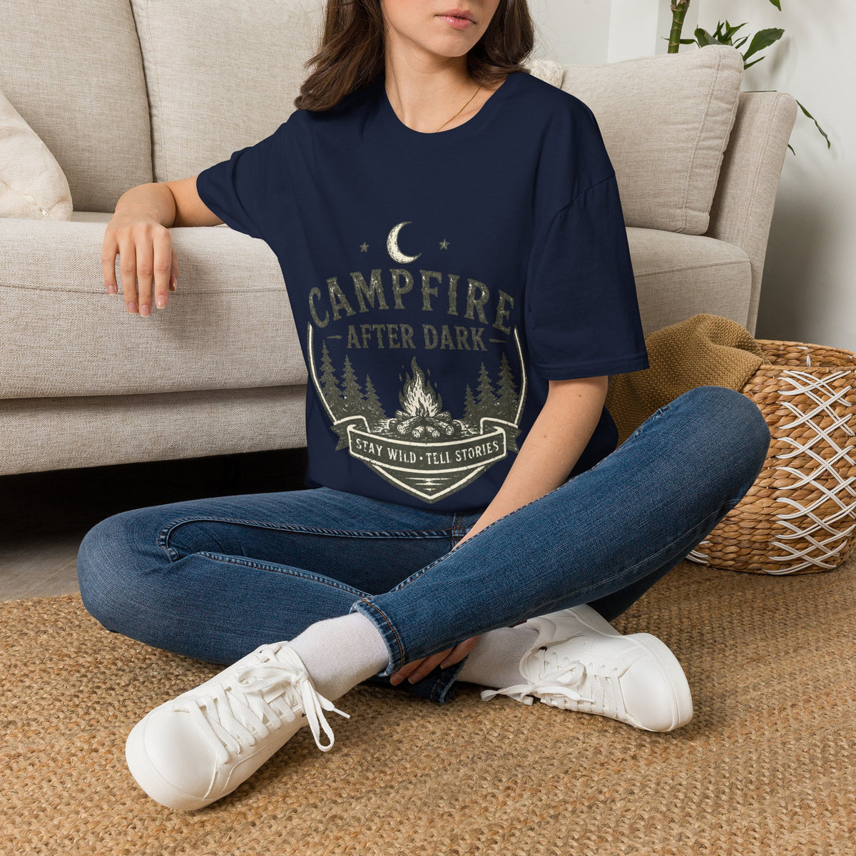 Campfire T-Shirt — "Campfire After Dark" Moonlit Camping Graphic