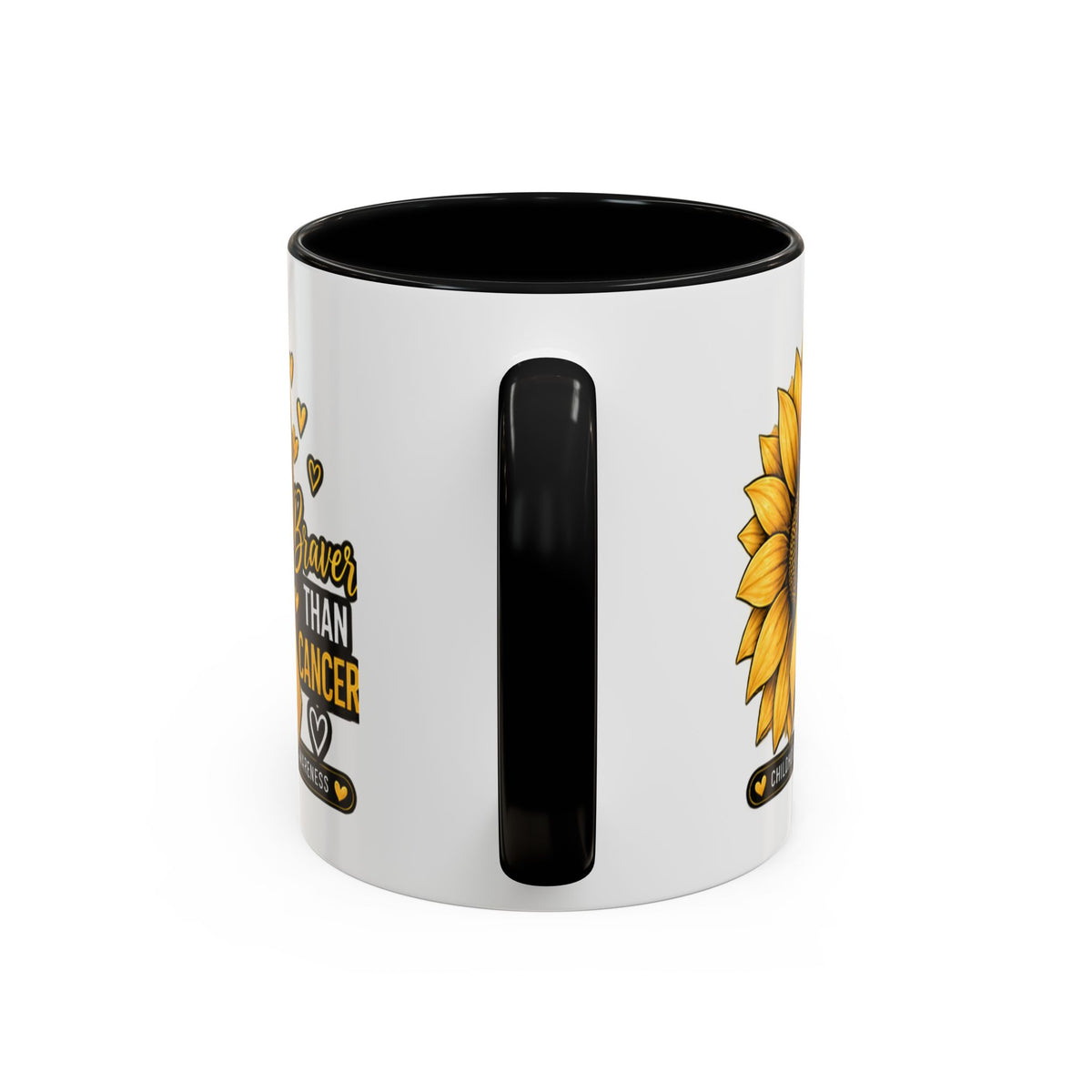 Childhood Cancer Awareness Mug — "Braver Than Cancer" Sunflower & Gold Ribbon
