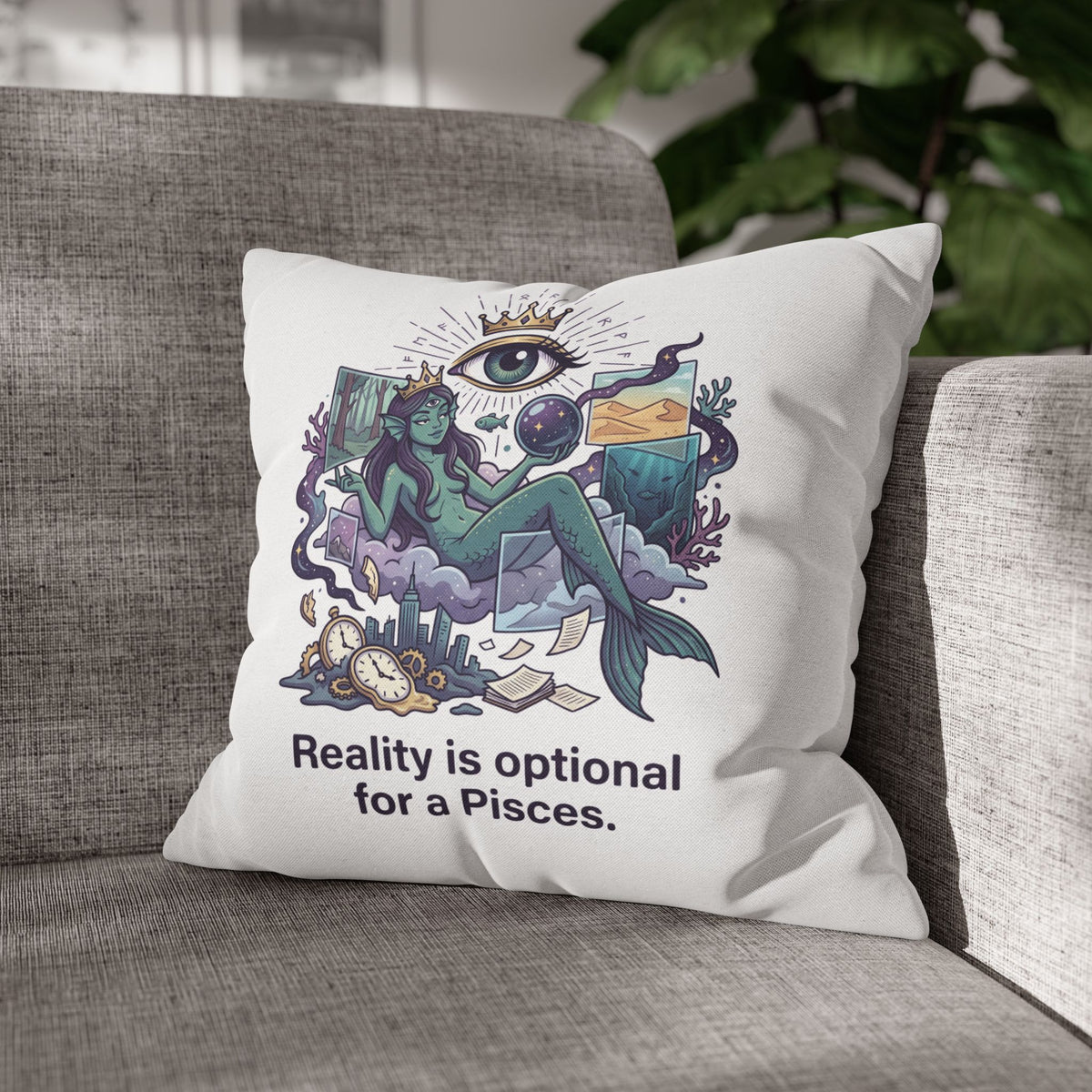 Pisces Mermaid Pillowcase — "Reality Is Optional for a Pisces" Decorative Throw Pillow