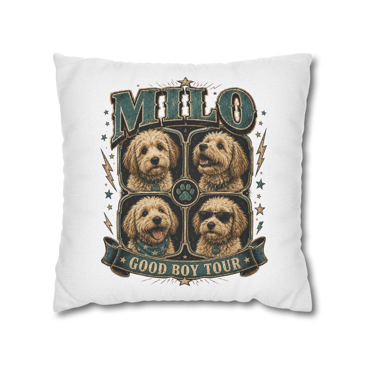 Milo "Good Boy Tour" Decorative Pillowcase — Dog Band Tour Poster Throw Pillowcase Milo Bailey Dog Dad Mom