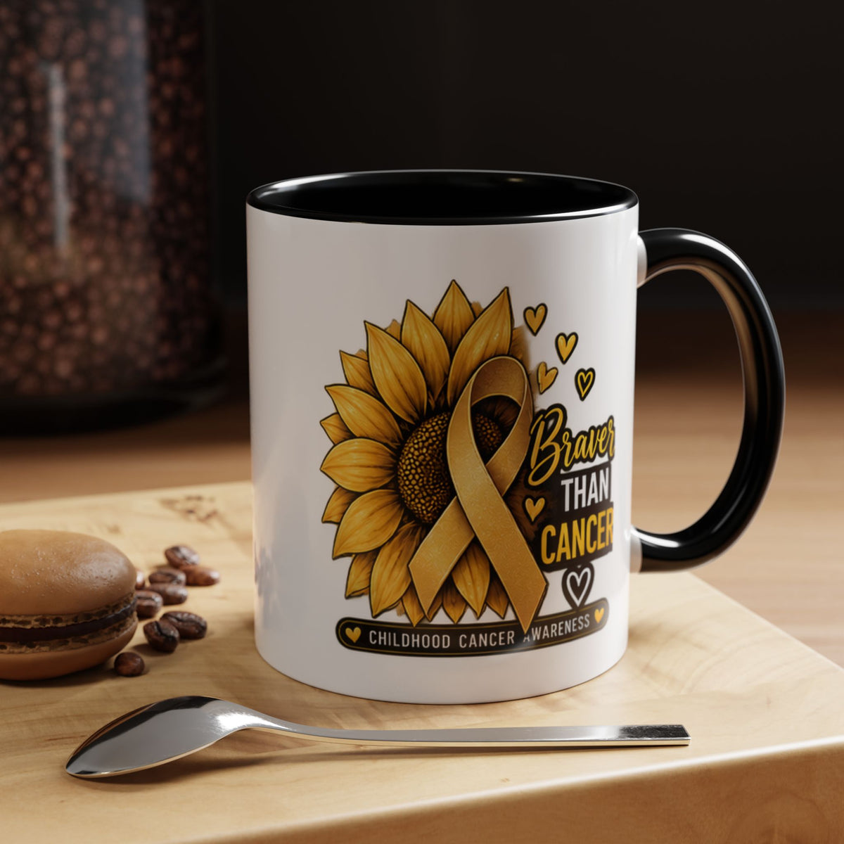 Childhood Cancer Awareness Mug — "Braver Than Cancer" Sunflower & Gold Ribbon