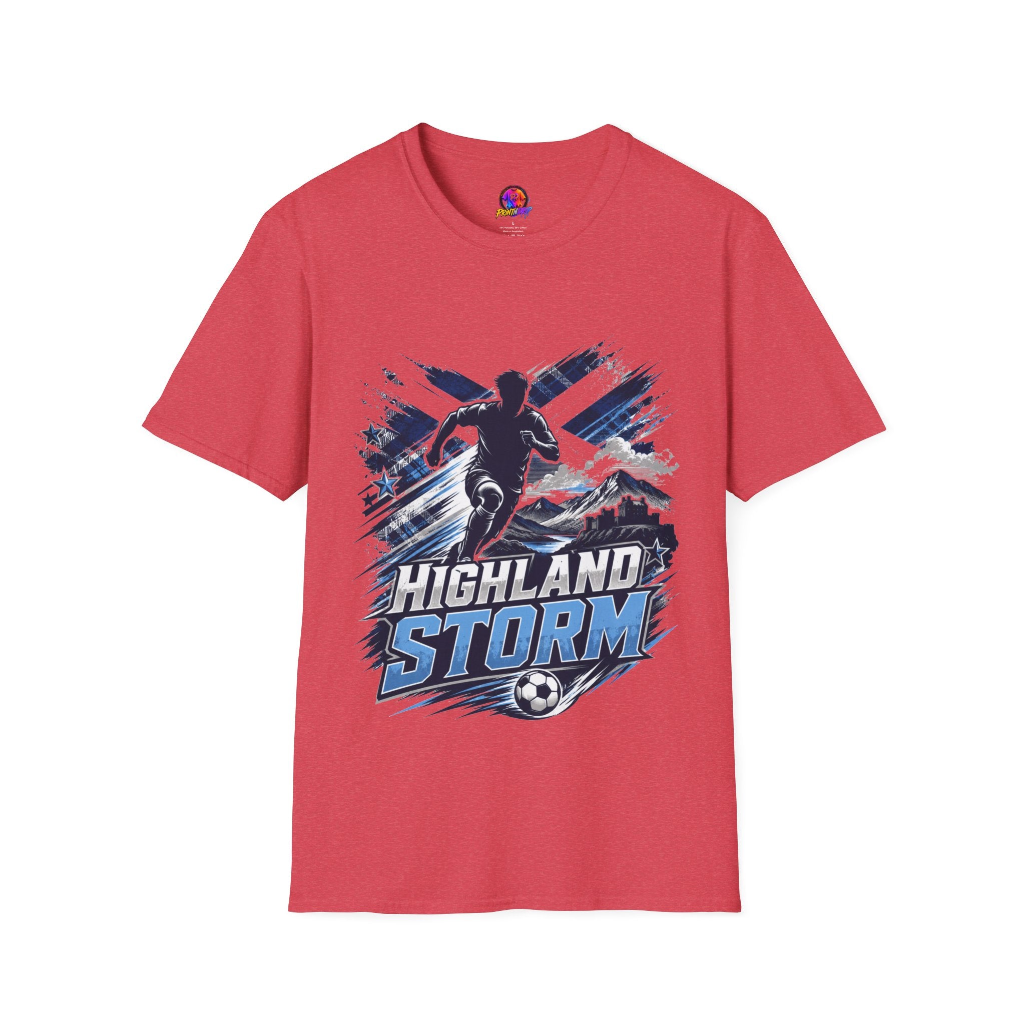 Scotland Highland Storm Soccer T-Shirt — Mountain Soccer Player Graphic Tee