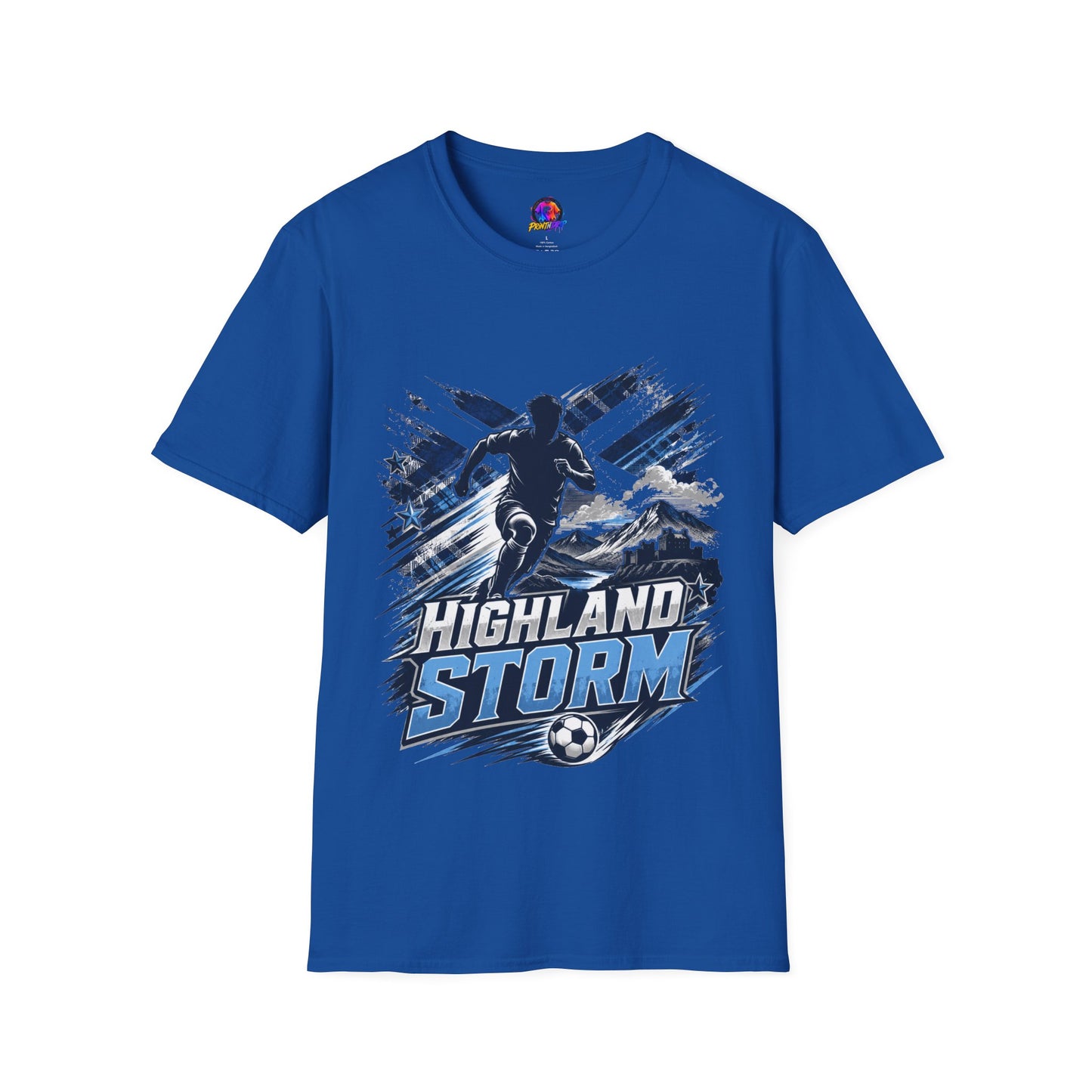 Scotland Highland Storm Soccer T-Shirt — Mountain Soccer Player Graphic Tee