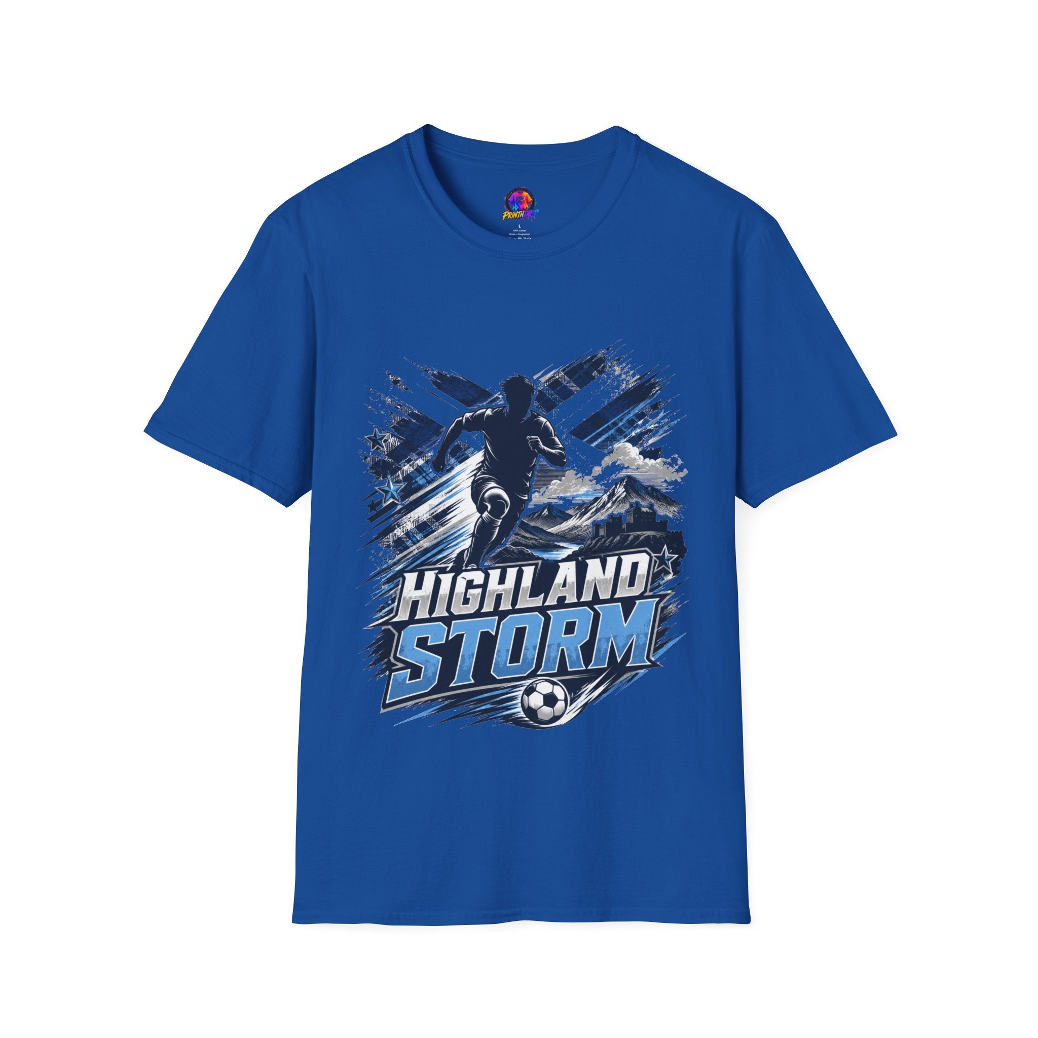 Scotland Highland Storm Soccer T-Shirt — Mountain Soccer Player Graphic Tee