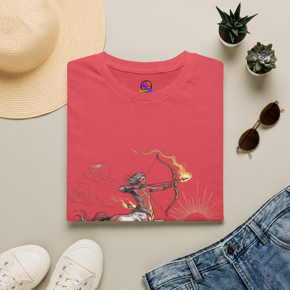 Sagittarius Centaur Archer T-Shirt — Mythical Archer Graphic Tee (Flaming Bow)
