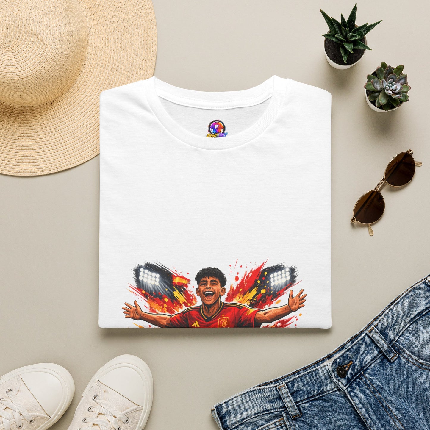 Spain Soccer Fan Portrait T‑Shirt – Fiery Goal Celebration Design
