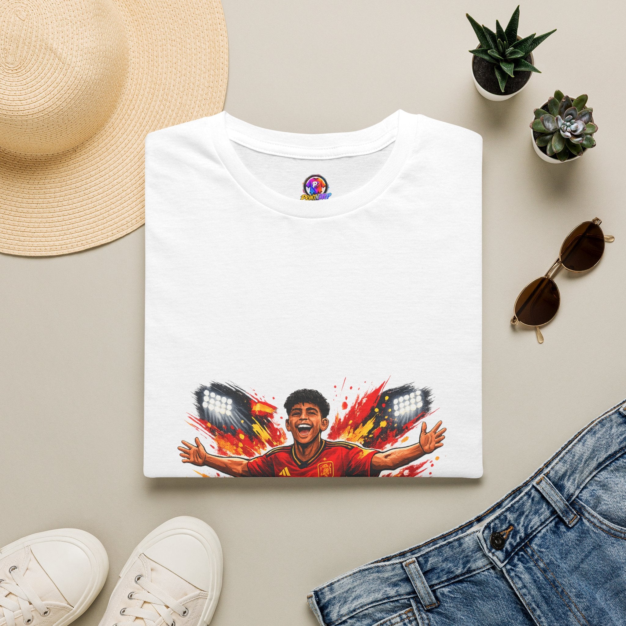 Spain Soccer Fan Portrait T‑Shirt – Fiery Goal Celebration Design
