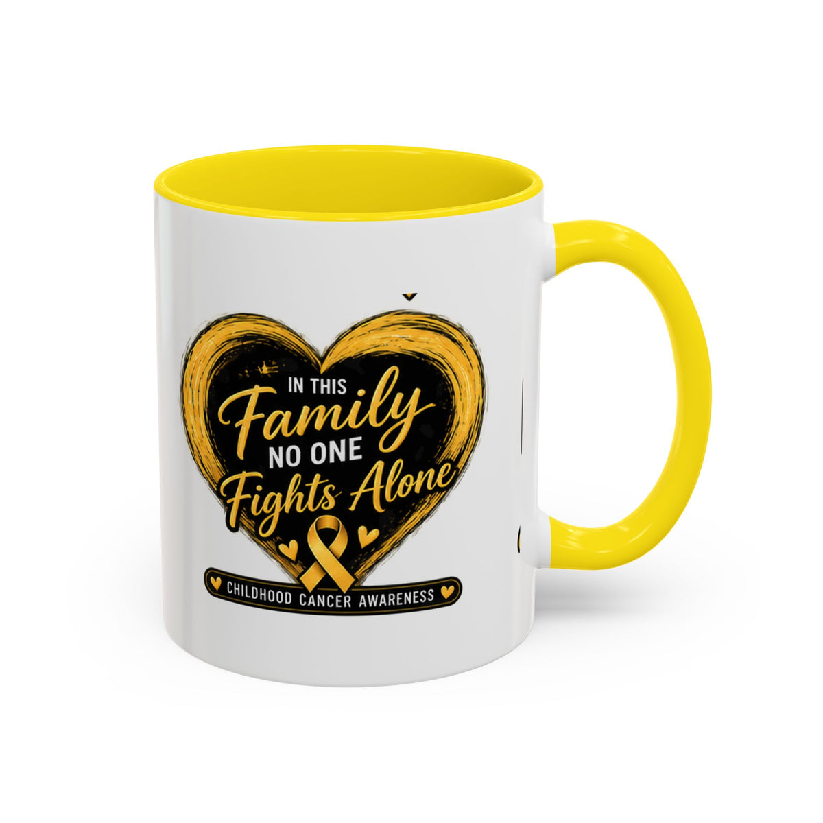Childhood Cancer Awareness Accent Coffee Mug — "In This Family No One Fights Alone"
