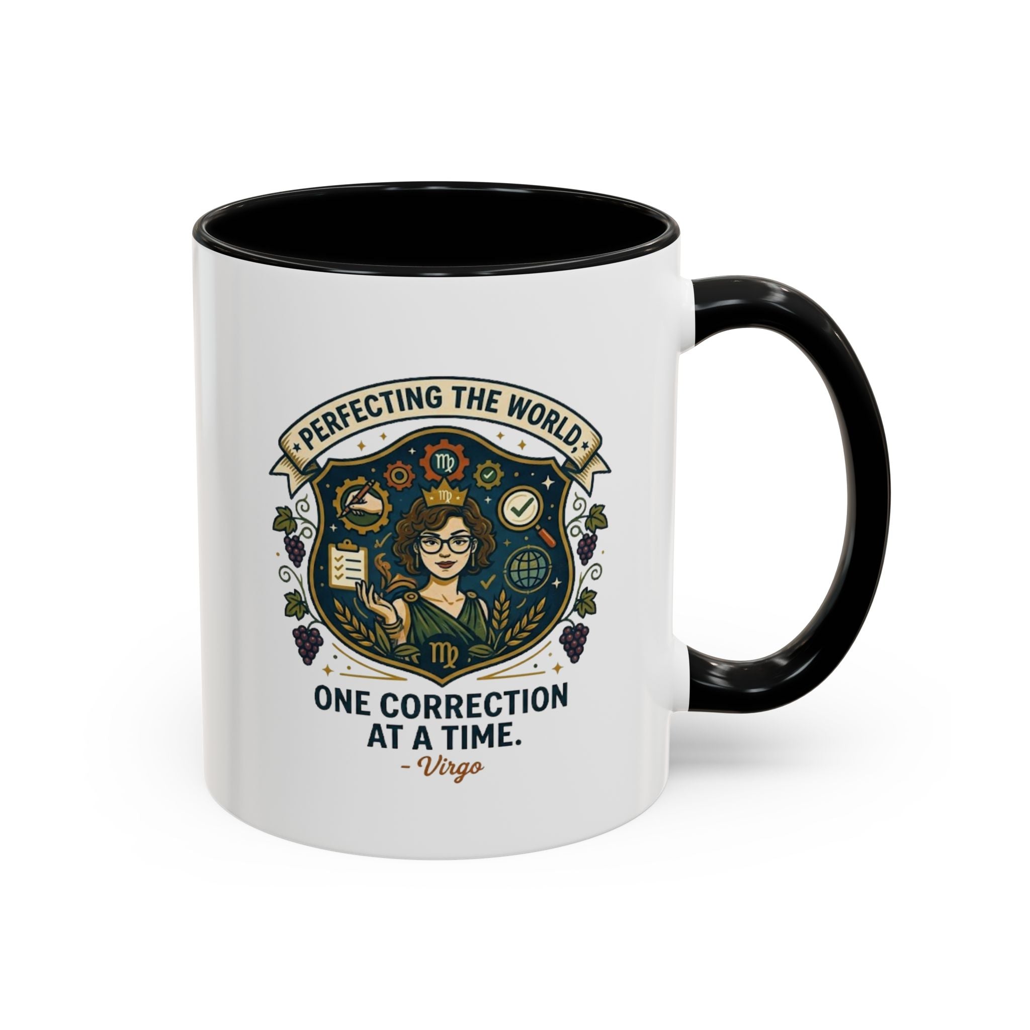 Virgo Coffee Mug — "Perfecting the World: One Correction at a Time" Accent Astrology Gift