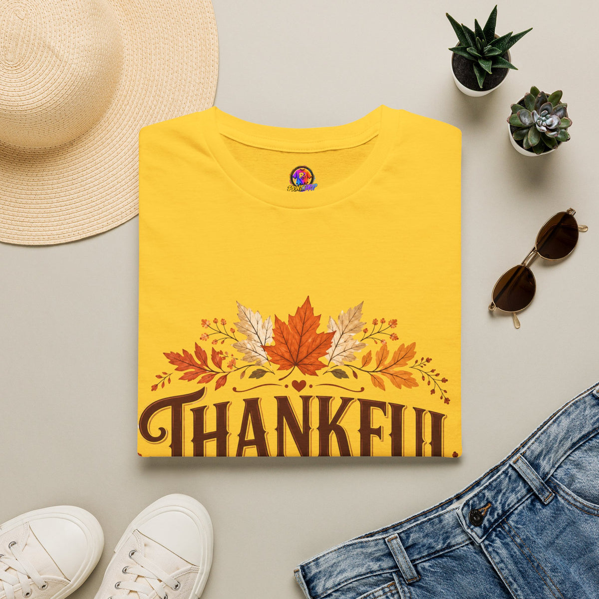 Thanksgiving T-Shirt Thankful Always T-Shirt — Autumn Leaves & Pumpkins Thanksgiving Tee