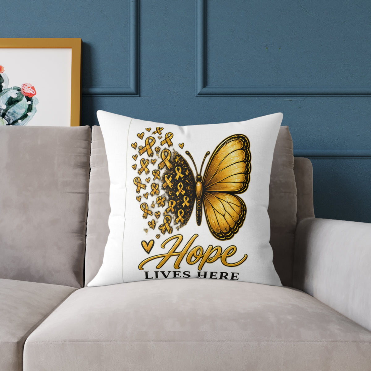 Childhood Cancer Hope Lives Here Butterfly Pillow — Gold Awareness Ribbon Accent