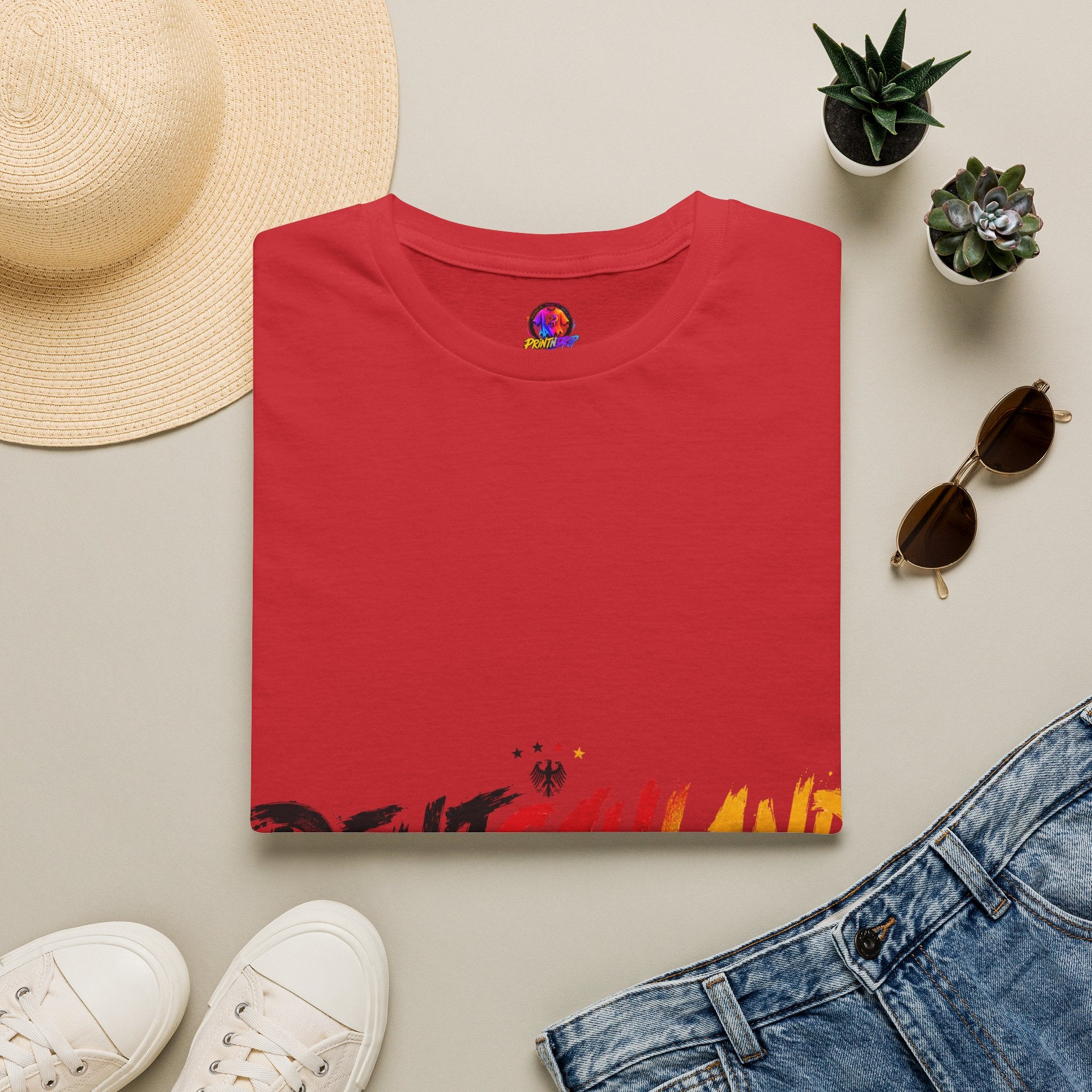 Germany Deutschland Football T-Shirt — Deutschland Script with German Flag Brushstroke