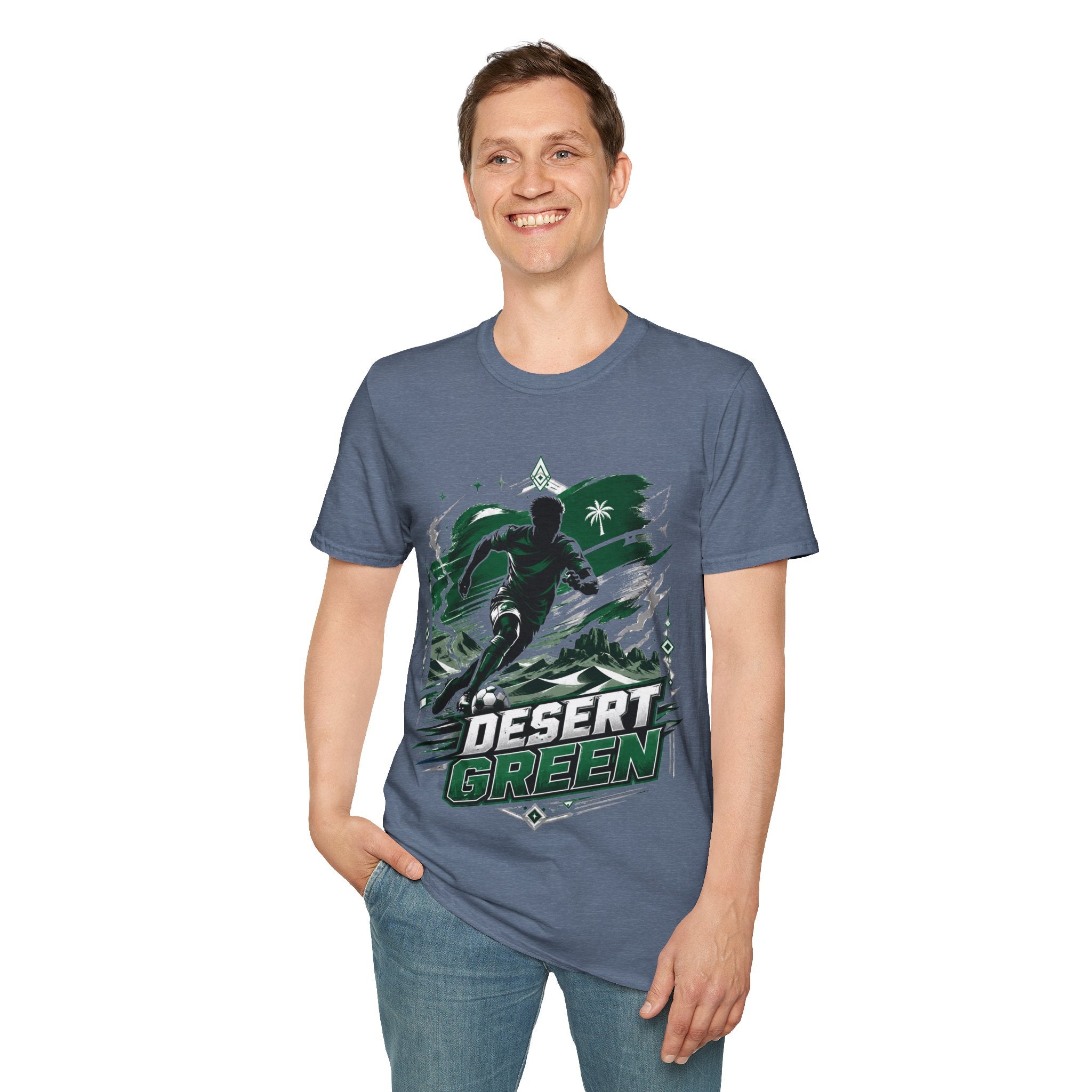 Saudi Arabia Desert Green Soccer T-Shirt — Silhouette Player Graphic