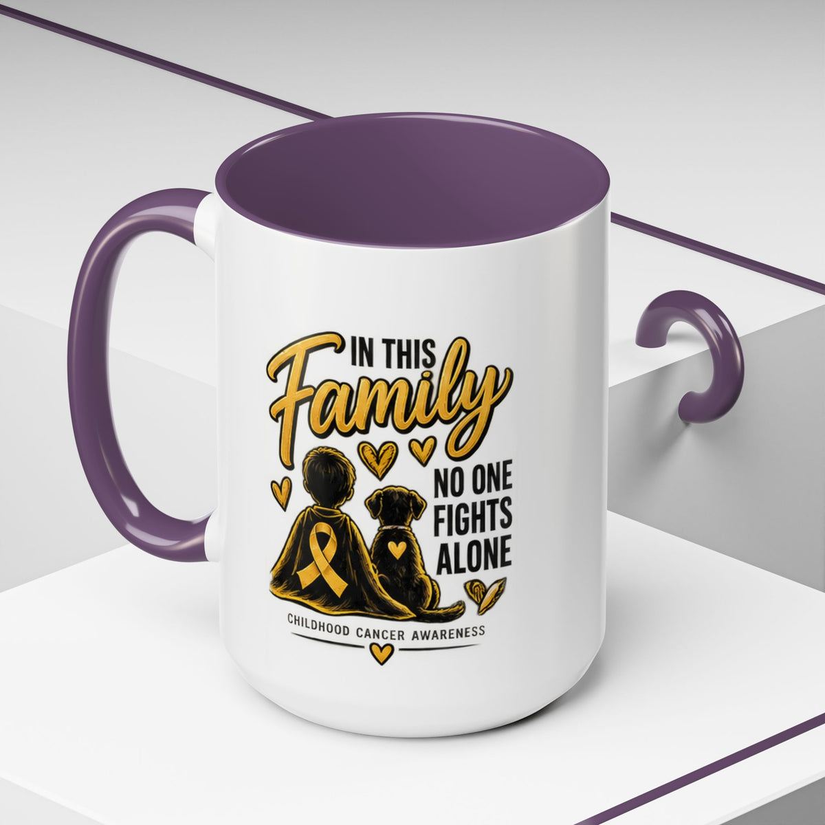 Childhood Cancer Awareness Coffee Mug — "In This Family No One Fights Alone"