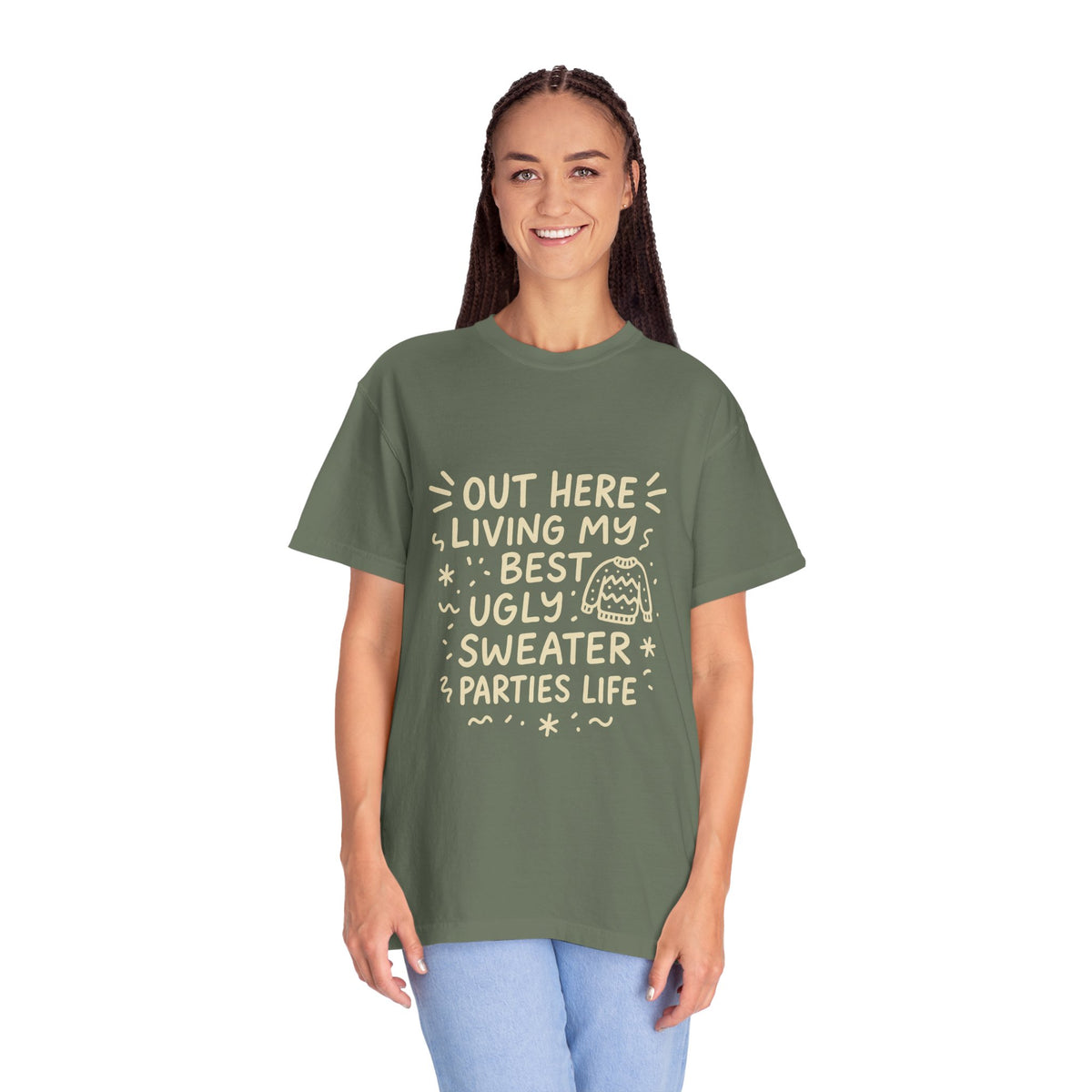 Out Here Living My Best Ugly Sweater Parties Life T-Shirt - Trending Now - October 2026