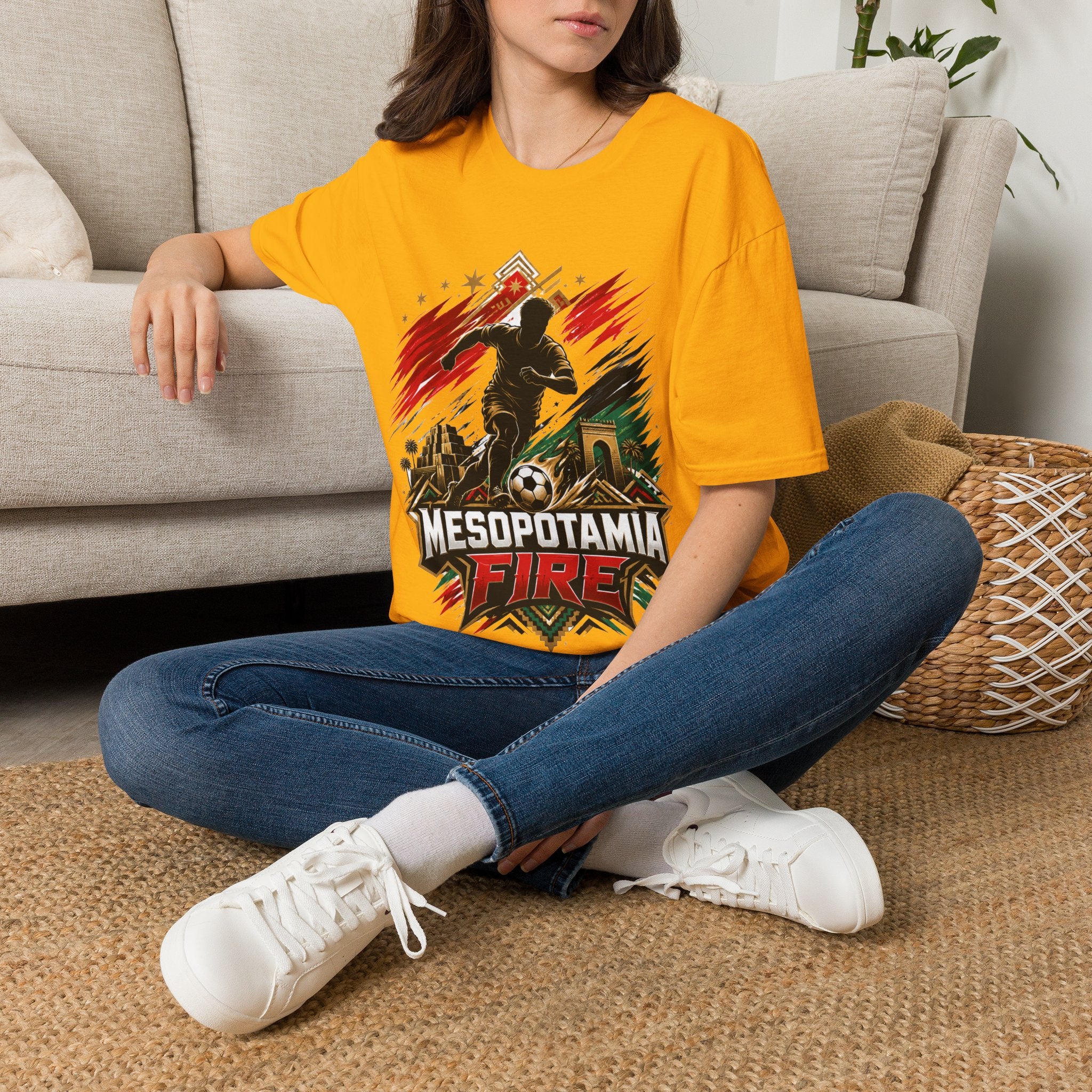 Iraq Mesopotamia Fire Soccer T-Shirt — Vintage Football Player Graphic Tee