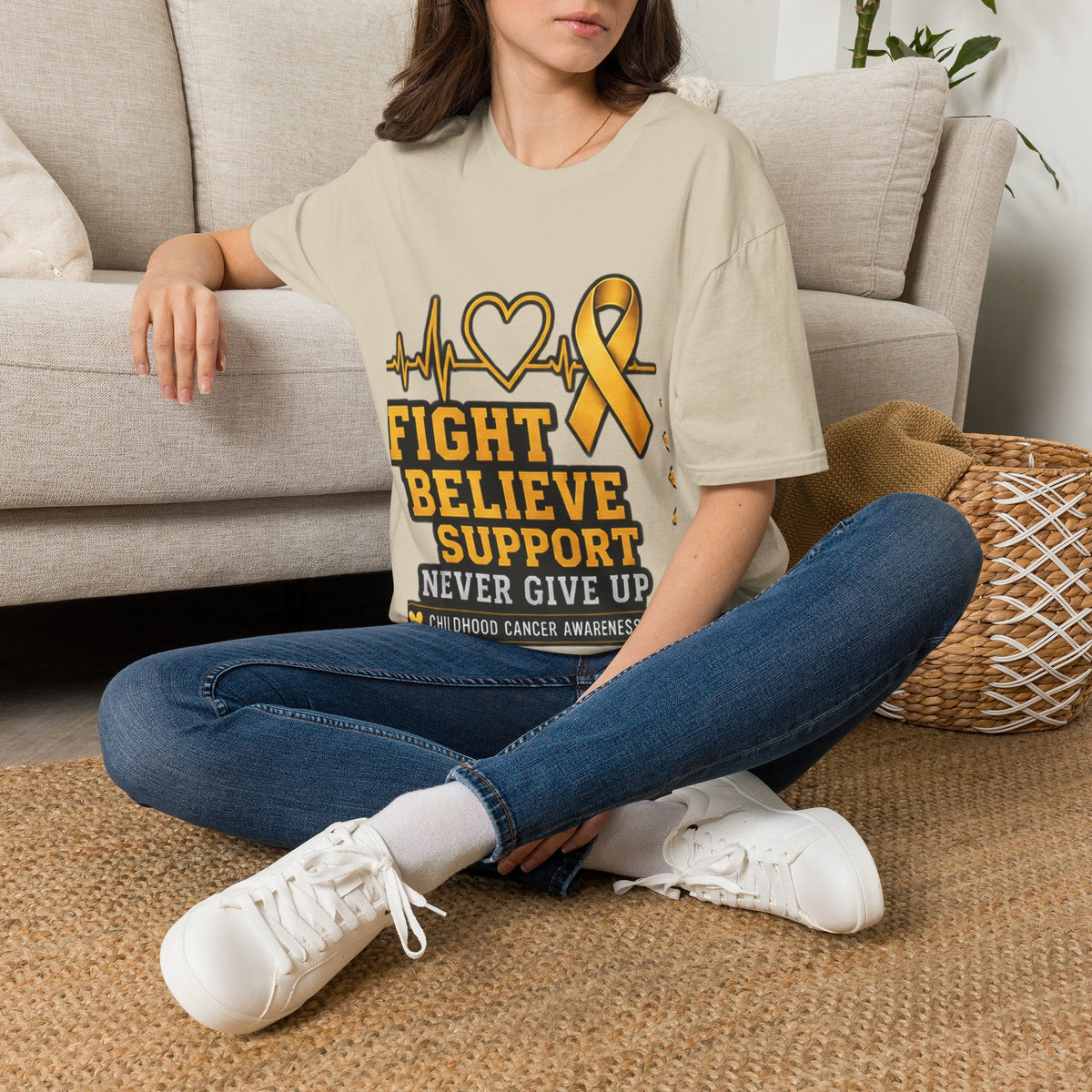 Childhood Cancer Awareness T-Shirt – "Fight Believe Support Never Give Up" Gold Ribbon Tee