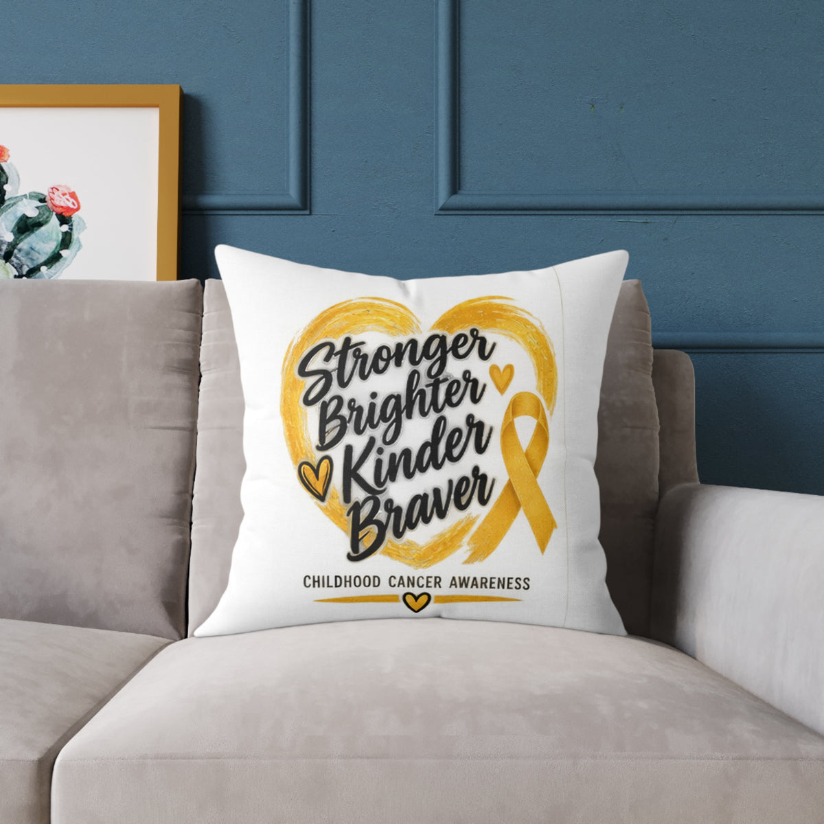 Childhood Cancer Awareness Pillow - "Stronger Brighter Kinder Braver" Gold Ribbon Square Throw Pillow