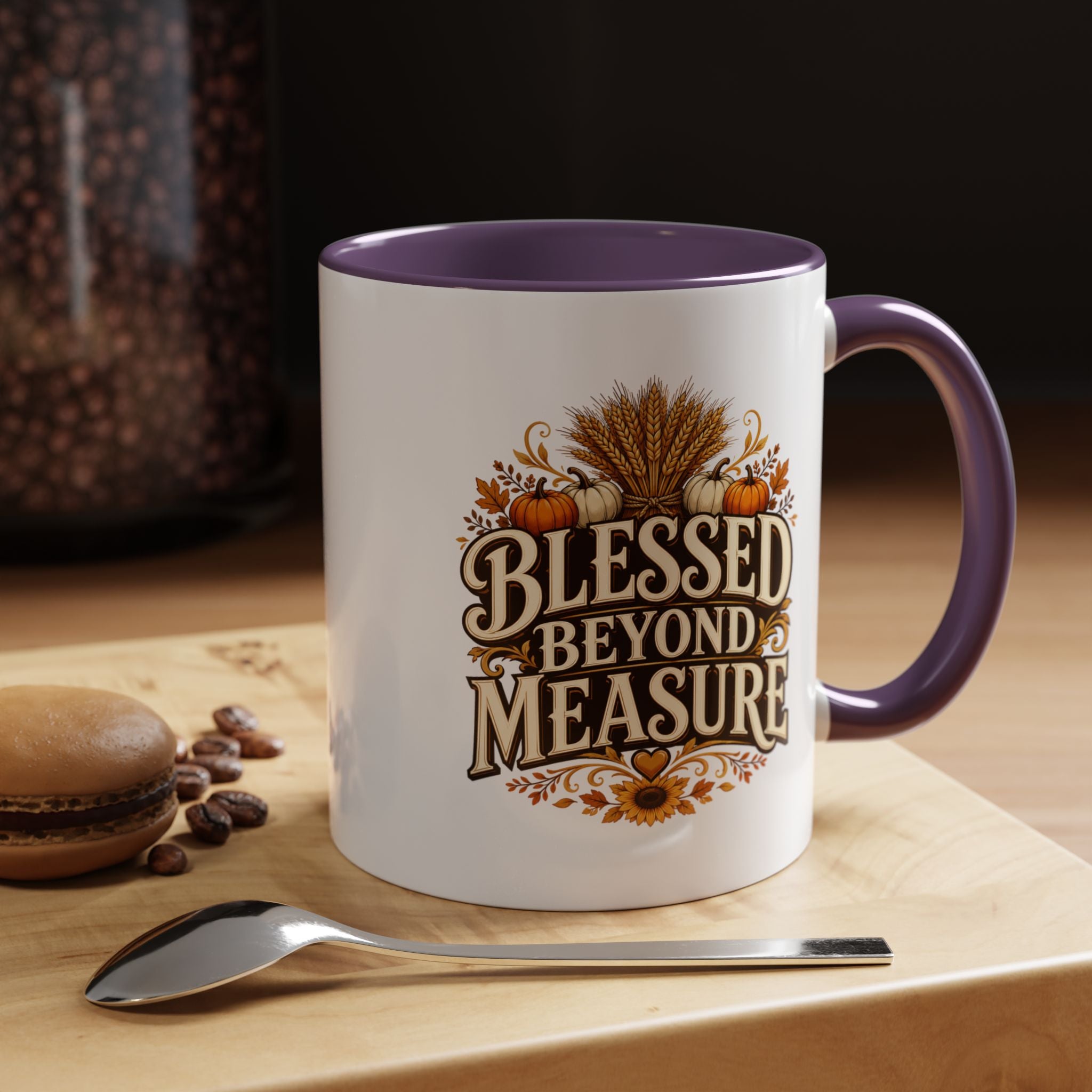 Thanksgiving Mug Blessed Beyond Measure Accent Coffee Mug — Fall Pumpkin & Wheat Autumn Faith Mug