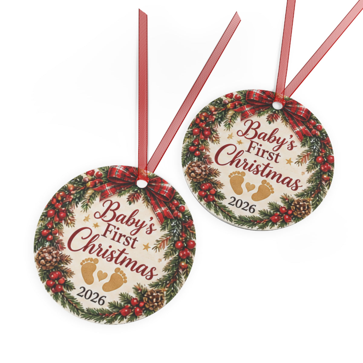 Baby's First Christmas 2026 Metal Ornament — Personalized Newborn Holiday Keepsake