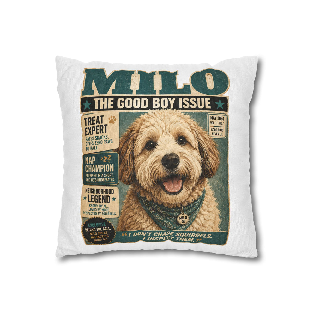 Dog Magazine Cover Pillowcase Milo Bailey Dog Dad Mom– "Milo: The Good Boy Issue" Decorative Throw Pillow