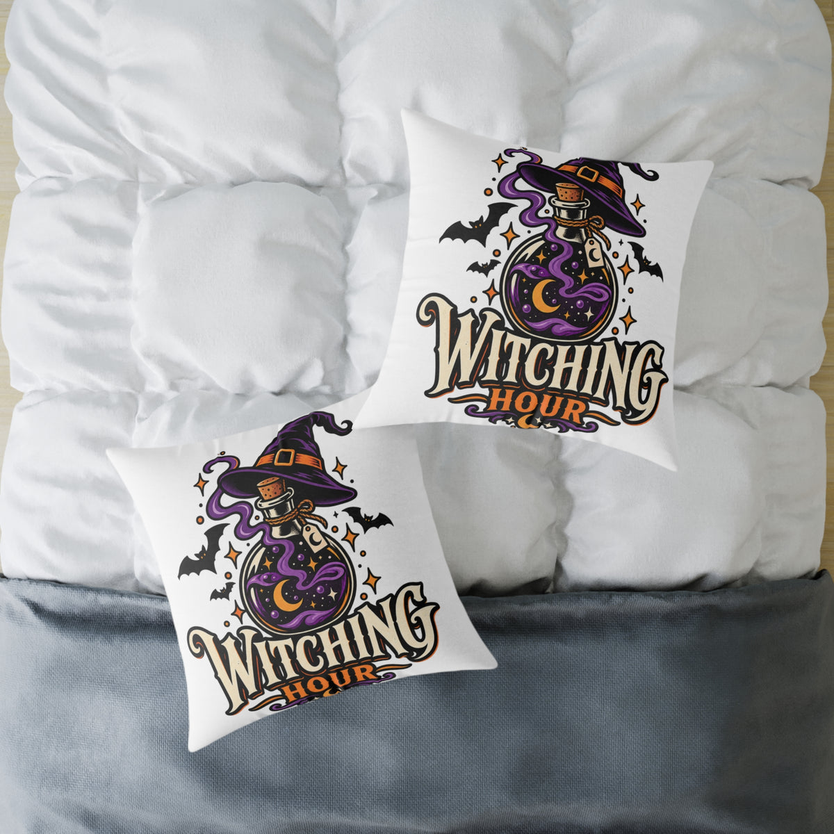 Witching Hour Halloween Decorative Pillow — Witch Hat & Potion Bottle Design