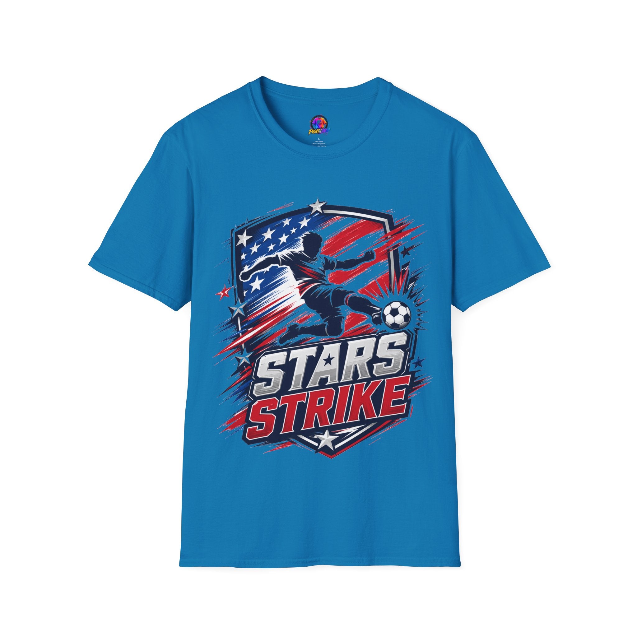 USA Soccer Stars Strike T‑Shirt — American Flag Soccer Player Graphic